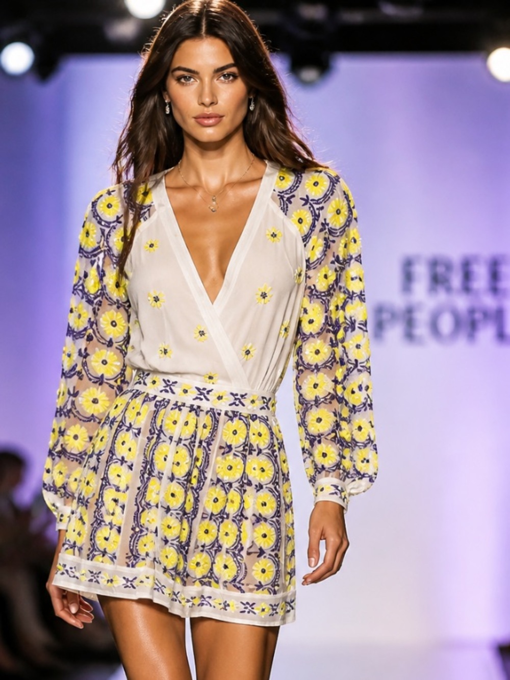 FREE PEOPLE New Romantics Dress Embroidered Purple Yellow Sheer Boho Mini